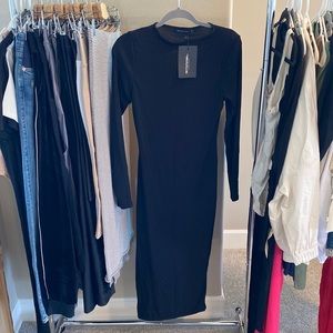 Basic black ribbed long sleeve midi dress- US 12